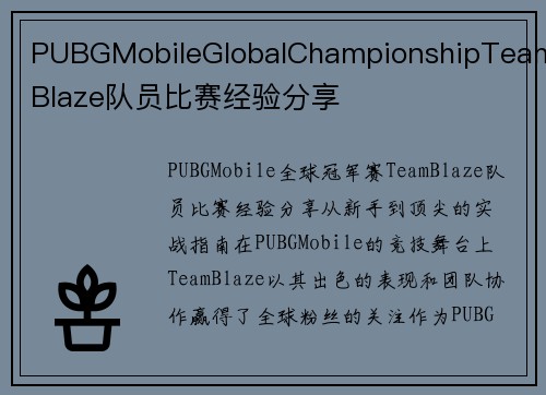 PUBGMobileGlobalChampionshipTeamBlaze队员比赛经验分享