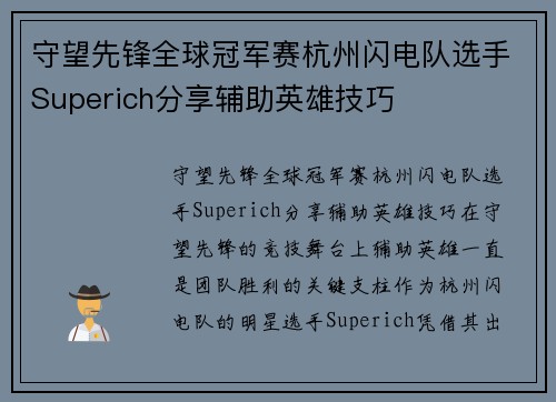 守望先锋全球冠军赛杭州闪电队选手Superich分享辅助英雄技巧